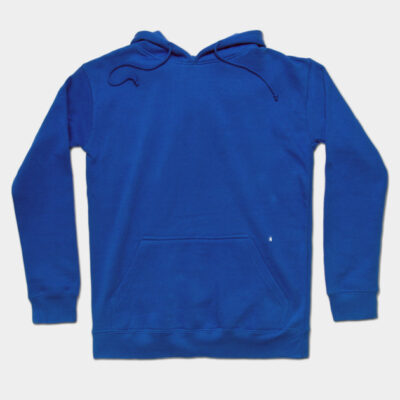 Blue cotton hoodie with front pocket, drawstring hood, casual style, perfect for everyday wear.