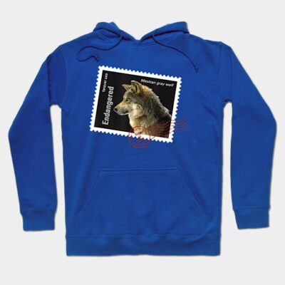 Blue hoodie with Mexican gray wolf stamp print, featuring "Endangered" text. Cozy and stylish wildlife-themed apparel.