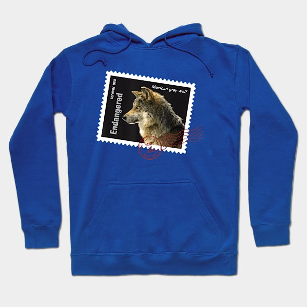 Blue hoodie with Mexican gray wolf stamp print, featuring "Endangered" text. Cozy and stylish wildlife-themed apparel.