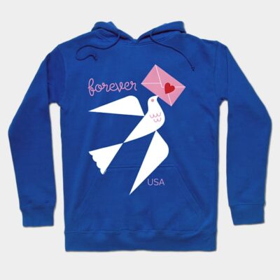 Blue hoodie with dove and heart envelope graphic, featuring "forever" text, cotton material, casual style.