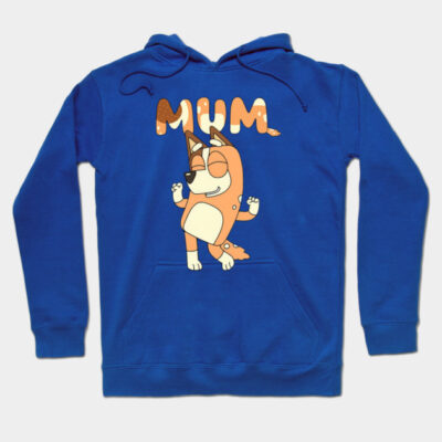 Blue hoodie with playful cartoon dog and "MUM" text, cozy cotton material, perfect for casual wear.
