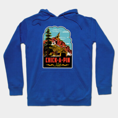Bright blue hoodie with a scenic "Chick-a-Pin Hill" graphic, featuring a forest and mountains. Cozy casual wear.