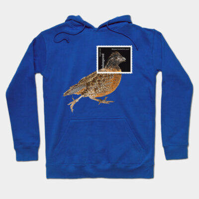 Blue hoodie with quail print, kangaroo pocket, and drawstring hood; casual style, cotton blend material for comfort.