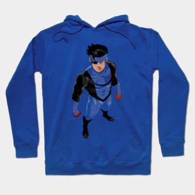 Blue superhero-themed hoodie with graphic design, casual style, cotton material, perfect for everyday wear.