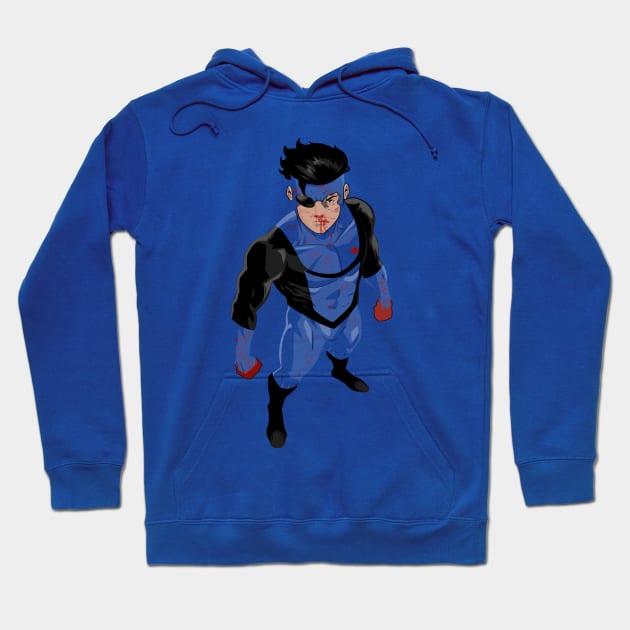 Blue superhero-themed hoodie with graphic design, casual style, cotton material, perfect for everyday wear.