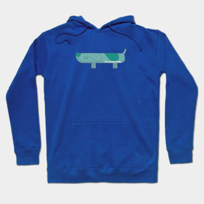 Blue hoodie with cartoon dachshund print, front pocket, and drawstring hood, ideal for casual wear.