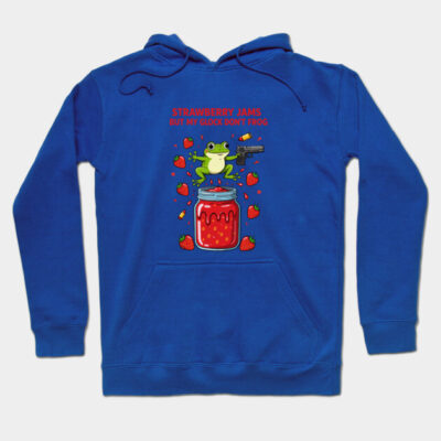 Blue hoodie with playful frog and strawberry jam graphic, perfect for casual wear, made from soft cotton blend.