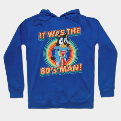 Blue retro-style hoodie with colorful 80s graphic, featuring vibrant rainbow and text design, ideal for casual wear.