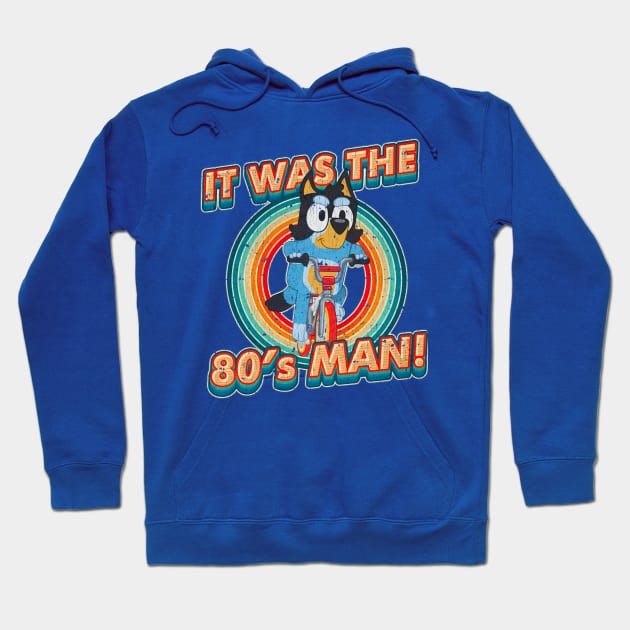 Blue retro-style hoodie with colorful 80s graphic, featuring vibrant rainbow and text design, ideal for casual wear.
