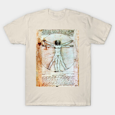 VITRUVIAN MAN Handwriting of Leonardo Da Vinci Antique Parchment T-Shirt by BulganLumini