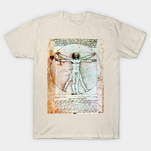 VITRUVIAN MAN Handwriting of Leonardo Da Vinci Antique Parchment T-Shirt by BulganLumini