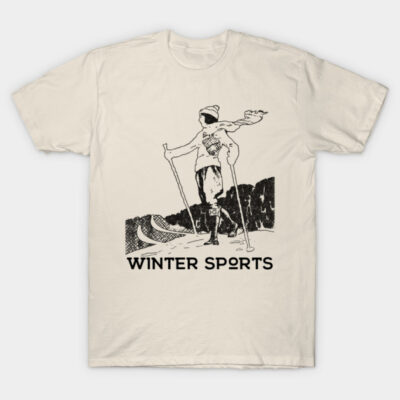 Cream T-shirt featuring vintage winter sports graphic, ideal for casual wear, 100% cotton, unisex style.