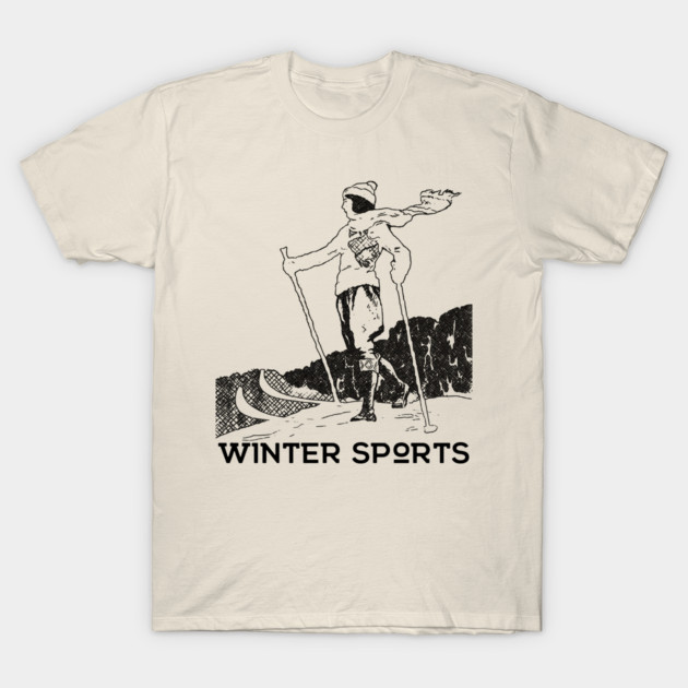 Cream T-shirt featuring vintage winter sports graphic, ideal for casual wear, 100% cotton, unisex style.