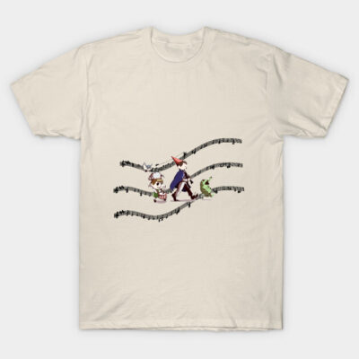 Cream-colored graphic tee with whimsical musical note design and cartoon characters, casual wear, cotton material.