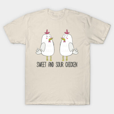 Beige t-shirt with "Sweet and Sour Chicken" cartoon graphic, casual style, soft cotton material.