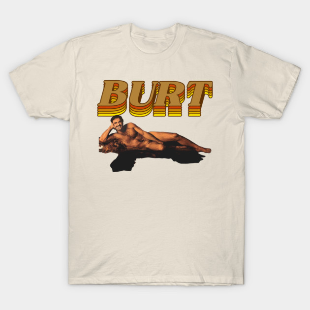 Cream-colored graphic tee with retro "BURT" text and vintage-style print, casual wear, soft cotton material.