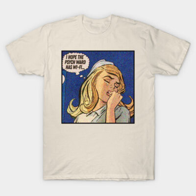 Cream-colored T-shirt with retro comic print, featuring humorous text bubble. Casual wear, soft cotton material.