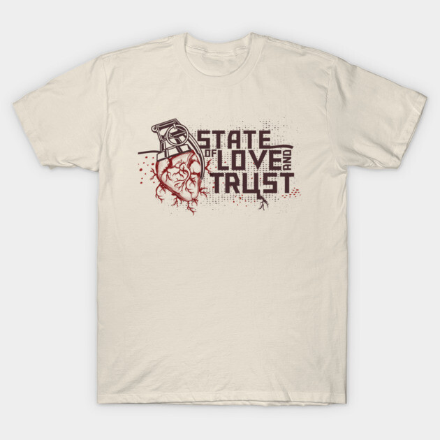 Cream t-shirt with "State of Love and Trust" graphic, grenade-heart design, casual cotton wear.