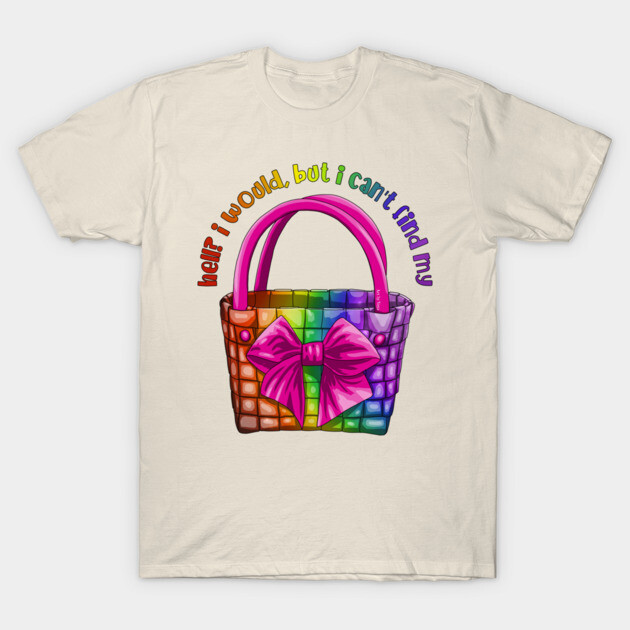 Cream t-shirt with colorful rainbow handbag graphic and playful text, perfect for casual wear and self-expression.