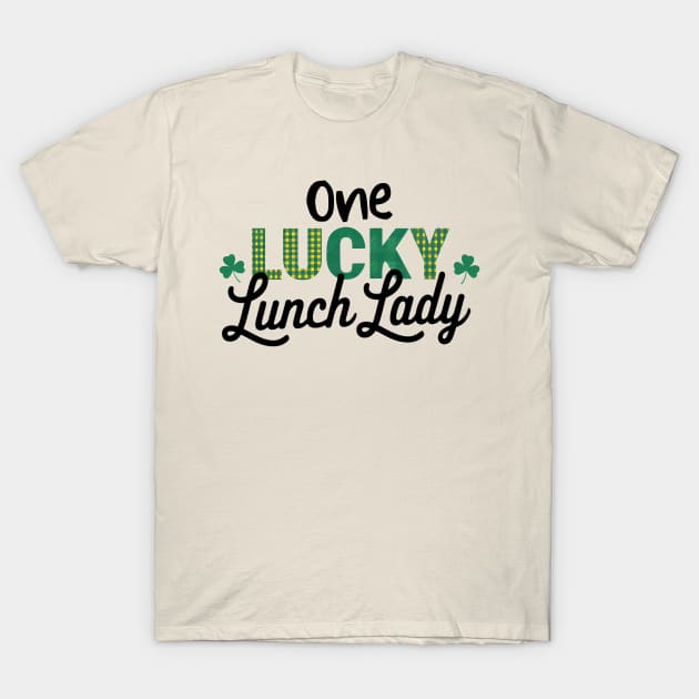 Beige "One Lucky Lunch Lady" T-shirt with green and black text, casual style, cotton material, ideal for everyday wear.