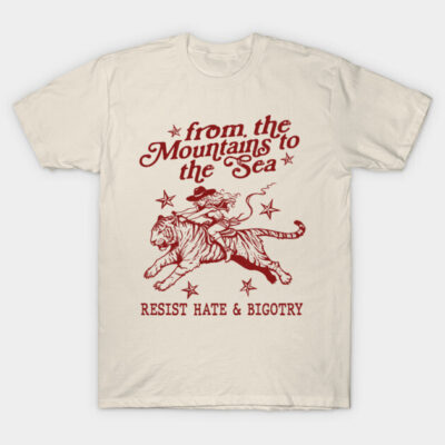 White graphic tee with red "From the Mountains to the Sea" text and tiger design, promoting unity and equality.