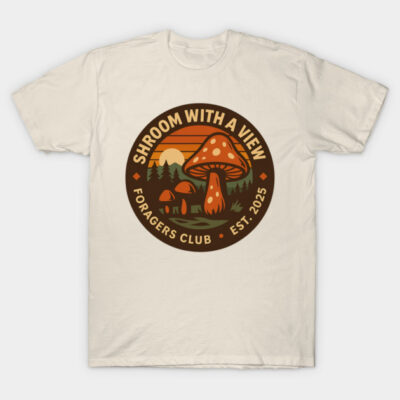 Cream t-shirt with mushroom graphic, "Shroom with a View" text, casual style, ideal for nature enthusiasts.