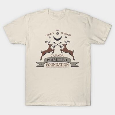 Cream t-shirt with vintage Canada Primitive Foundation design, featuring deer and arrows. Perfect for casual wear.