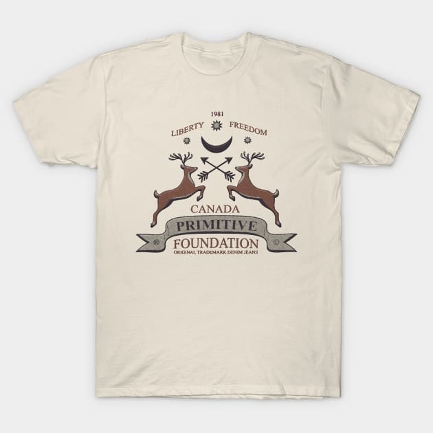 Cream t-shirt with vintage Canada Primitive Foundation design, featuring deer and arrows. Perfect for casual wear.