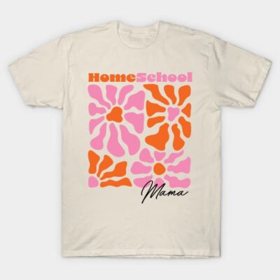 Cream t-shirt with pink and orange floral design, "Homeschool Mama" text, casual style, soft cotton material.