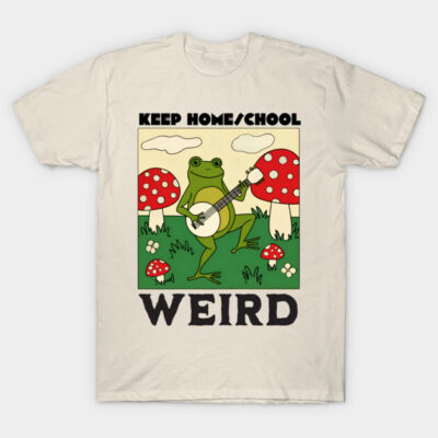 Cream T-shirt with whimsical frog playing guitar, surrounded by red mushrooms, text "Keep Home School Weird", casual style.