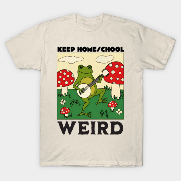Cream T-shirt with whimsical frog playing guitar, surrounded by red mushrooms, text "Keep Home School Weird", casual style.
