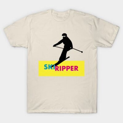 Cream t-shirt with black skier silhouette and colorful "Ski Ripper" text, perfect for winter sports enthusiasts.