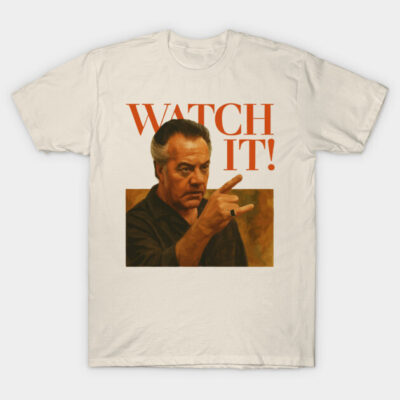 White cotton T-shirt with graphic print and "Watch It!" text, casual style, perfect for everyday wear.