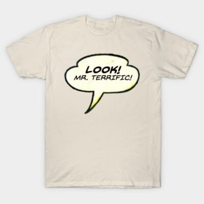 Cream-colored graphic T-shirt with comic speech bubble design, ideal for casual wear, made of soft cotton.