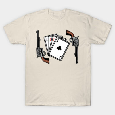 Beige t-shirt with playing cards and revolvers graphic, casual cotton tee for poker enthusiasts, unisex style.