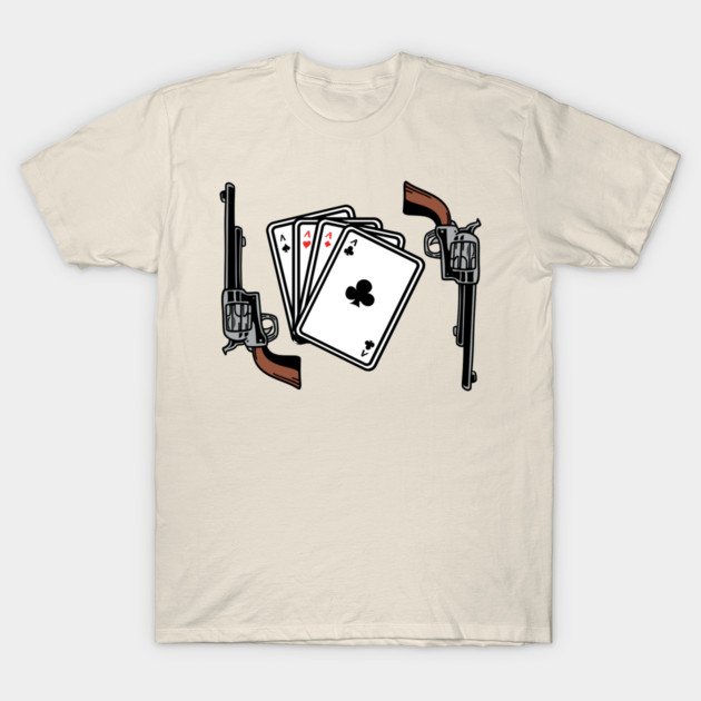 Beige t-shirt with playing cards and revolvers graphic, casual cotton tee for poker enthusiasts, unisex style.