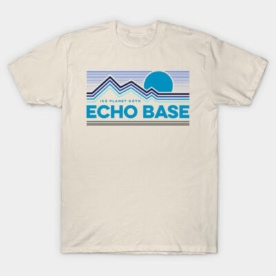 Cream t-shirt with "Echo Base" design in blue, featuring mountain and sun graphic. Casual wear, cotton material.