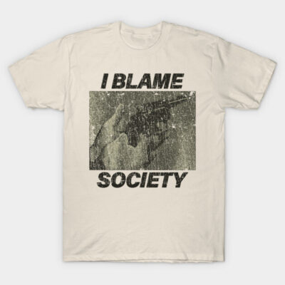 Unisex cream graphic t-shirt with "I Blame Society" text, casual style, cotton material, urban fashion.