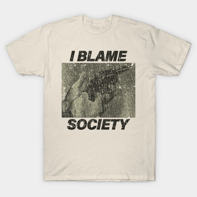 Unisex cream graphic t-shirt with "I Blame Society" text, casual style, cotton material, urban fashion.