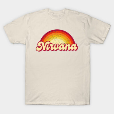 Cream t-shirt with retro rainbow and "Nirvana" design, casual style, soft cotton fabric for everyday wear.