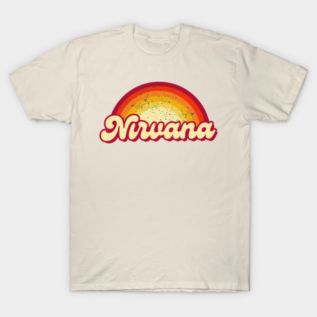 Cream t-shirt with retro rainbow and "Nirvana" design, casual style, soft cotton fabric for everyday wear.