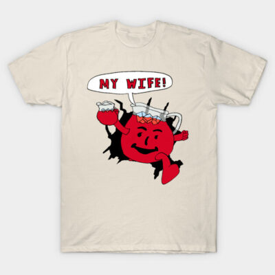 Beige t-shirt with a cartoon red pitcher graphic and humorous "My Wife!" text, casual wear, cotton material.