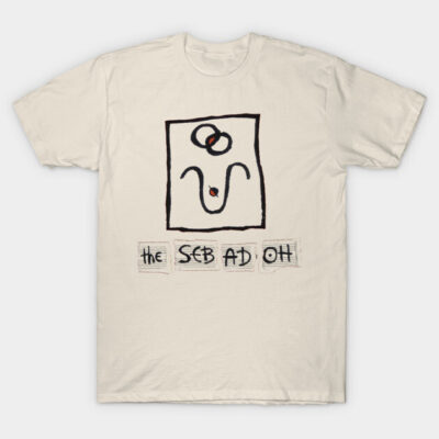 Beige graphic tee with abstract design and text, casual cotton shirt, perfect for everyday wear.