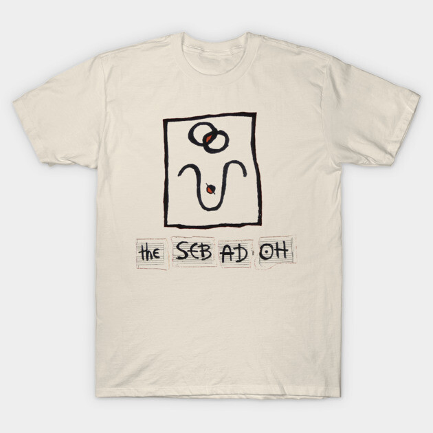 Beige graphic tee with abstract design and text, casual cotton shirt, perfect for everyday wear.