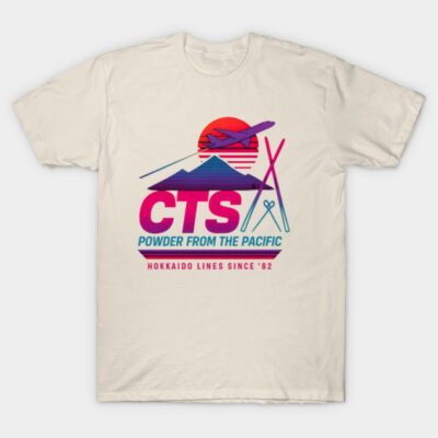 Cream t-shirt with retro graphic design, featuring mountain, skis, and airplane. Perfect for casual wear or gifts.