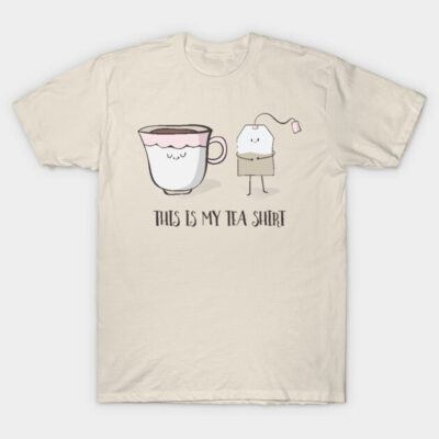 Cream novelty t-shirt with cute tea cup and tea bag illustration, perfect for casual wear or gifting.