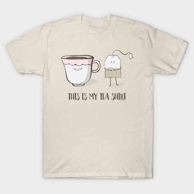 Cream novelty t-shirt with cute tea cup and tea bag illustration, perfect for casual wear or gifting.