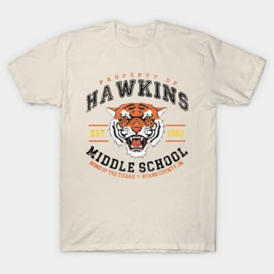 Beige cotton T-shirt with tiger graphic and "Hawkins Middle School" text, casual style for everyday wear.