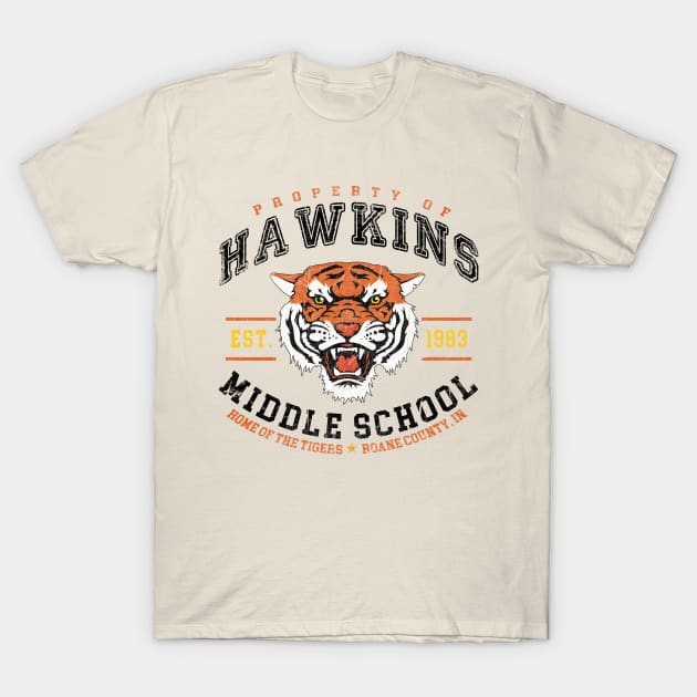 Beige cotton T-shirt with tiger graphic and "Hawkins Middle School" text, casual style for everyday wear.