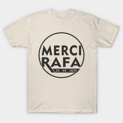 Cream t-shirt with "Merci Rafa" design in black circle, casual wear, 100% cotton, comfortable and stylish.